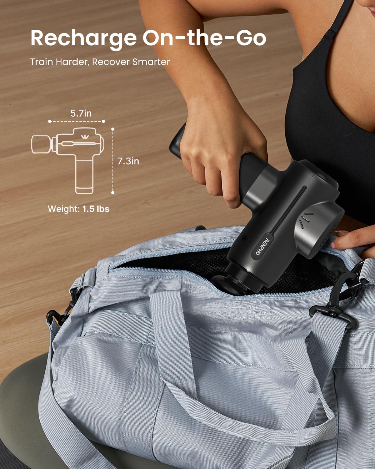 RENPHO massage gun LED display showing five speeds and battery