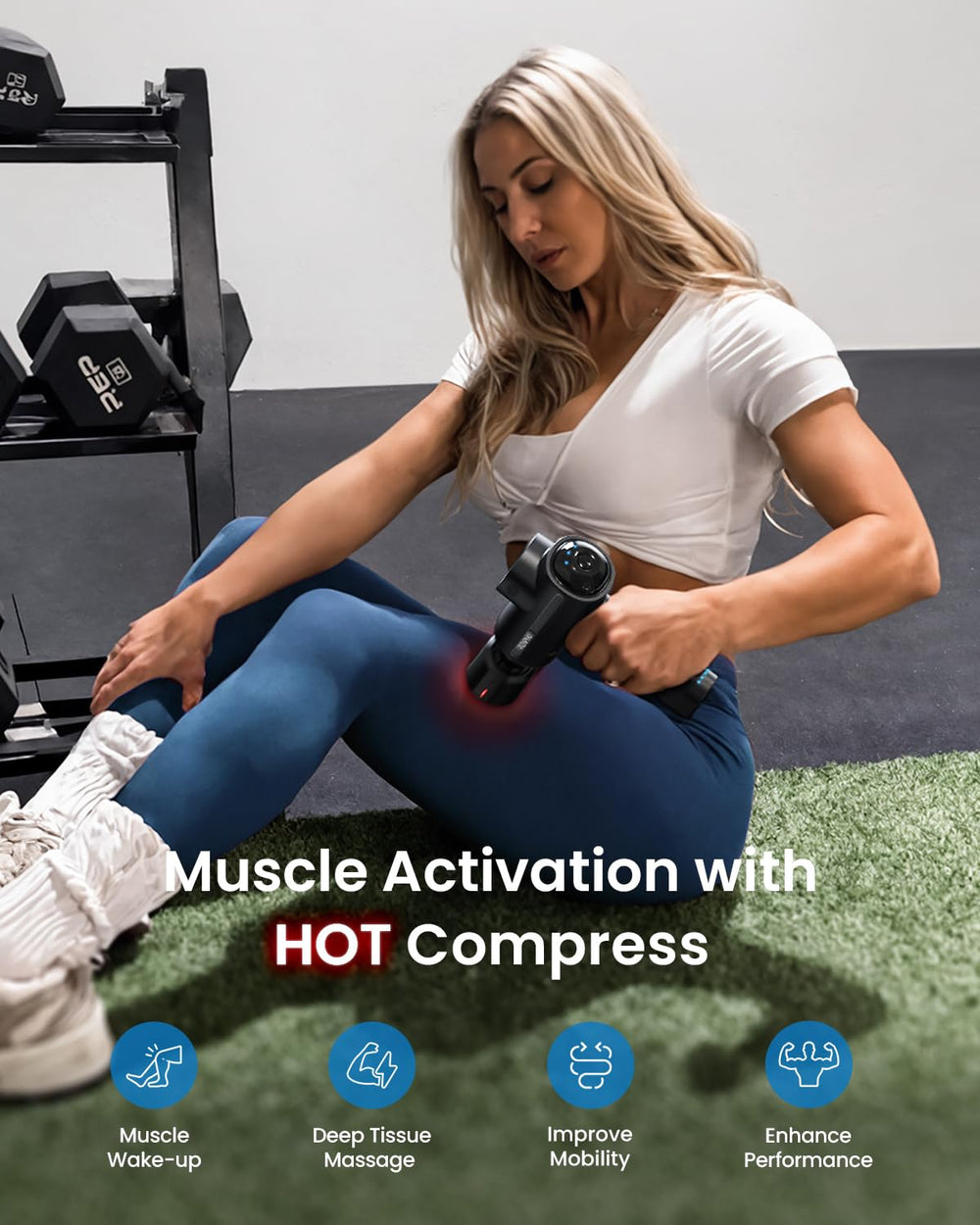 RENPHO massage gun shows 15W PD fast charging for quick top-ups.