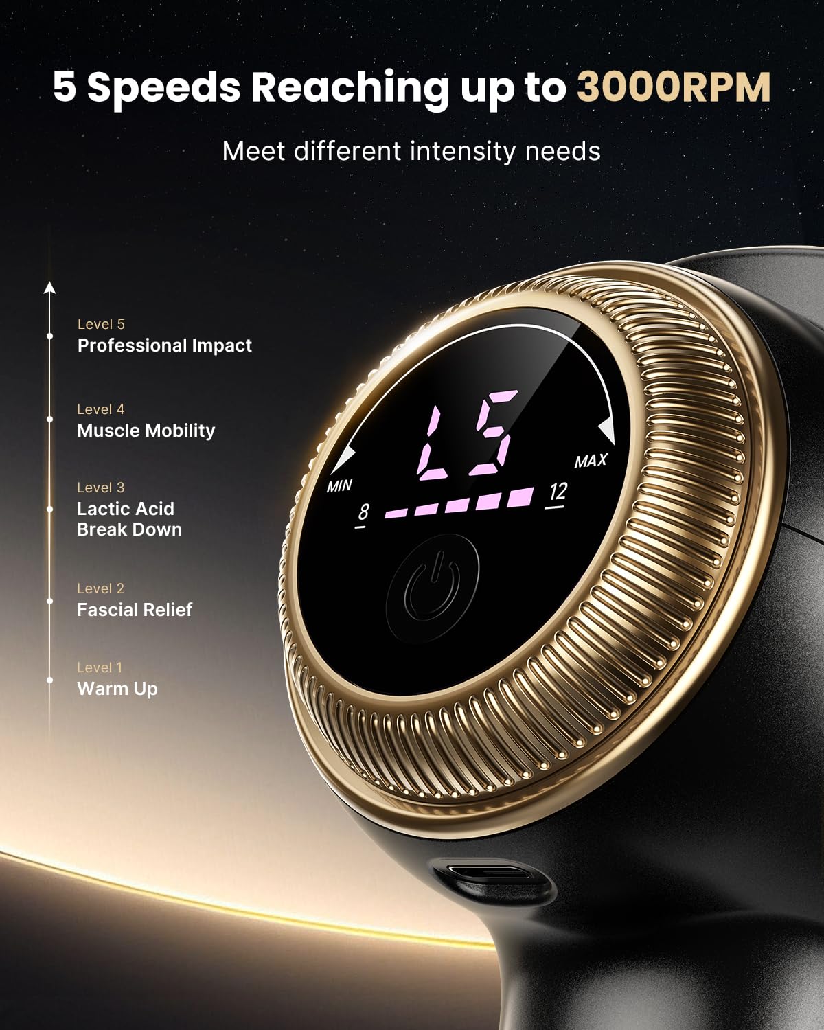 RENPHO massage gun offers multiple amplitude and speed settings for tailored massage.