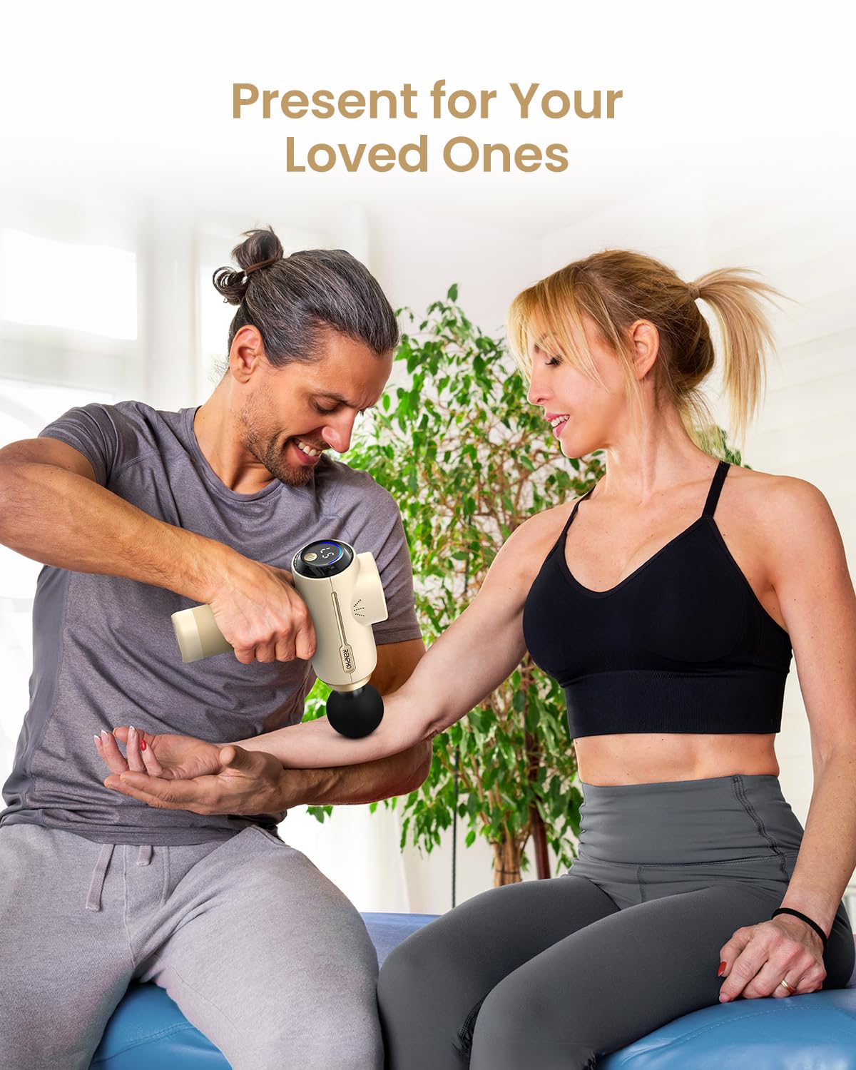 RENPHO massage gun shown on back and neck for on-demand relief