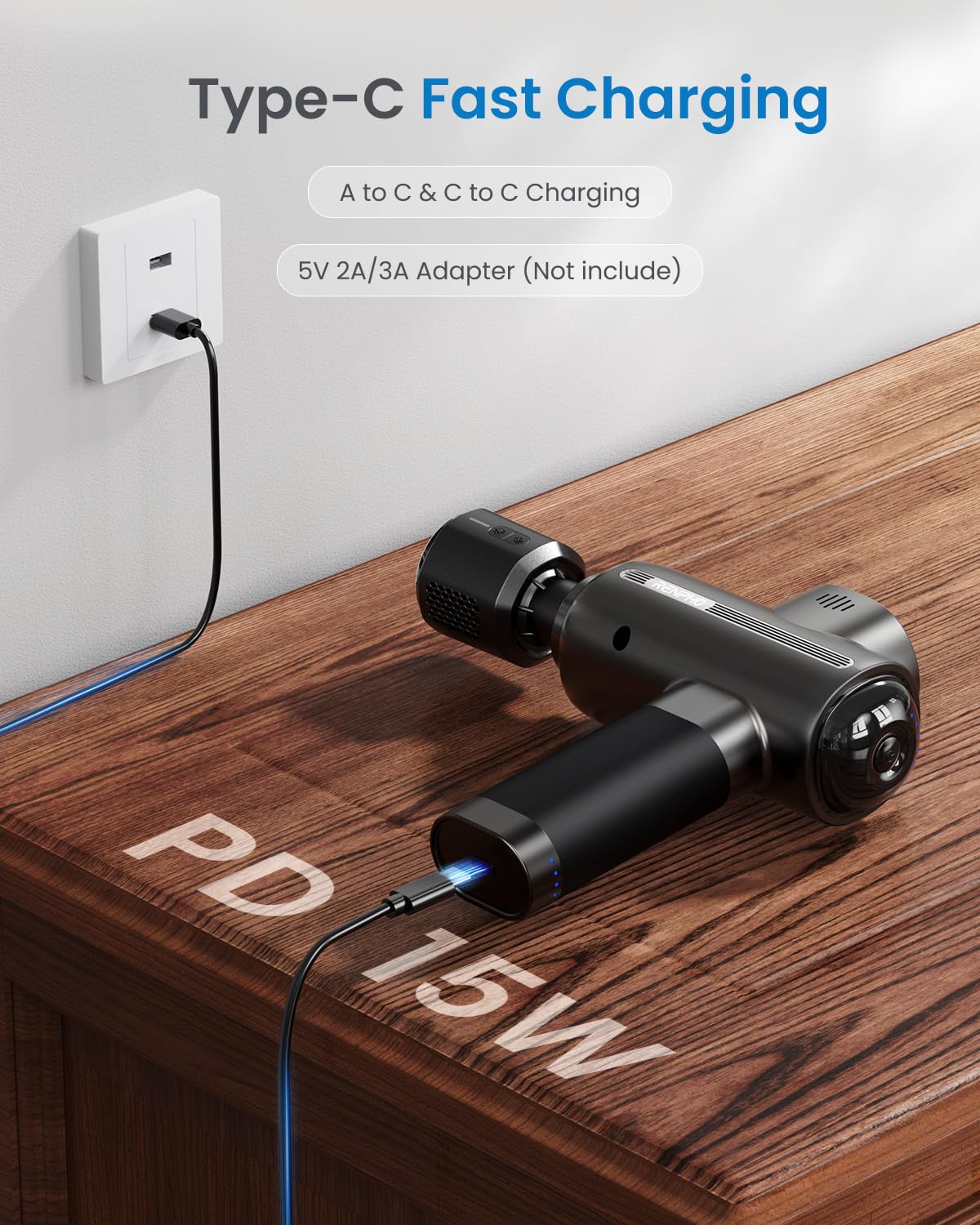 RENPHO massage gun ergonomic grip enables self-massage on back and shoulders.