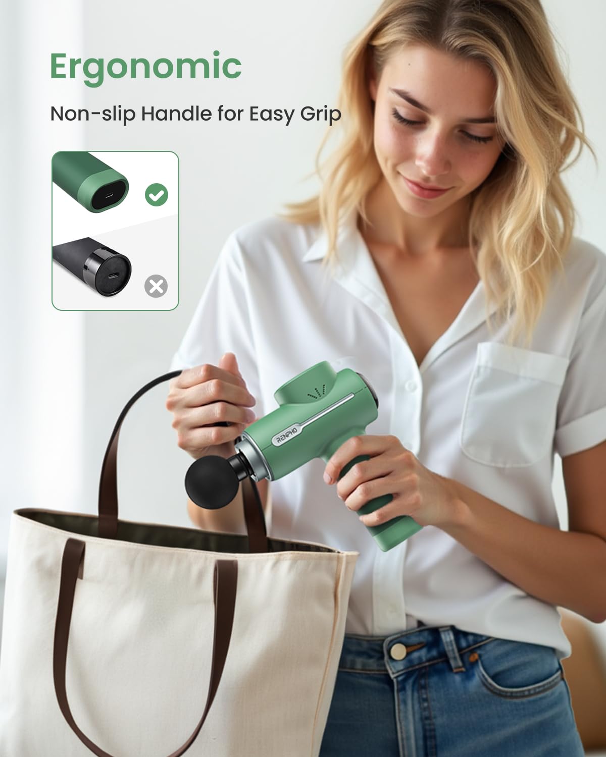 RENPHO massage gun ergonomic non-slip handle enables comfortable sessions.