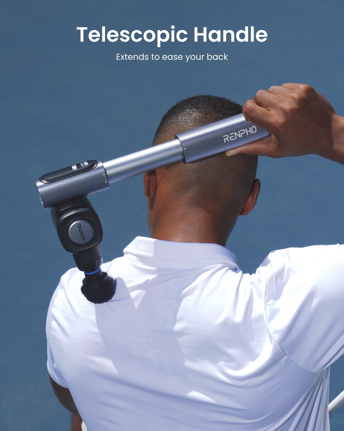 RENPHO massage gun extended handle enables comfortable self-massage on the back.