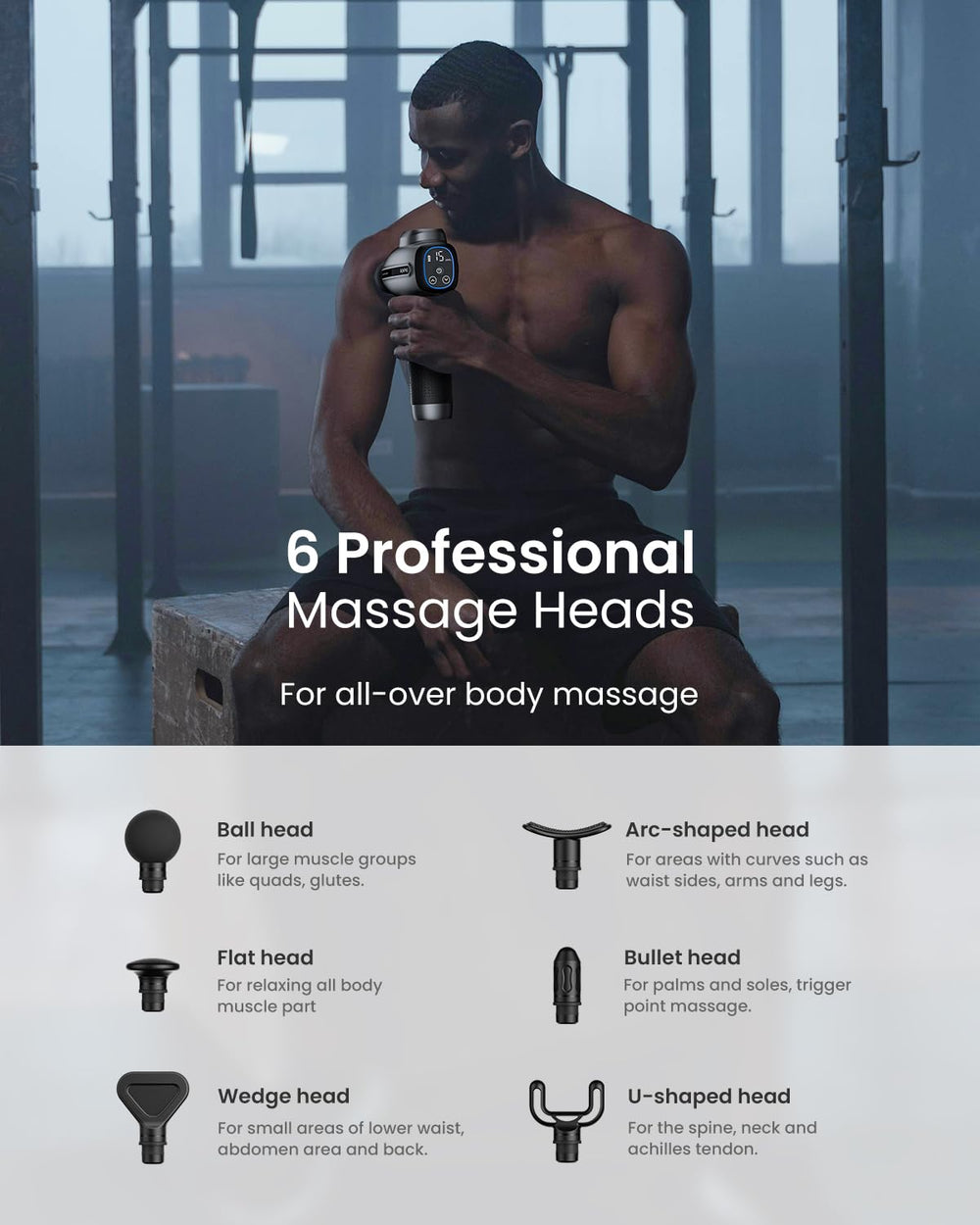 RENPHO massage gun HD touchscreen shows speed and battery.
