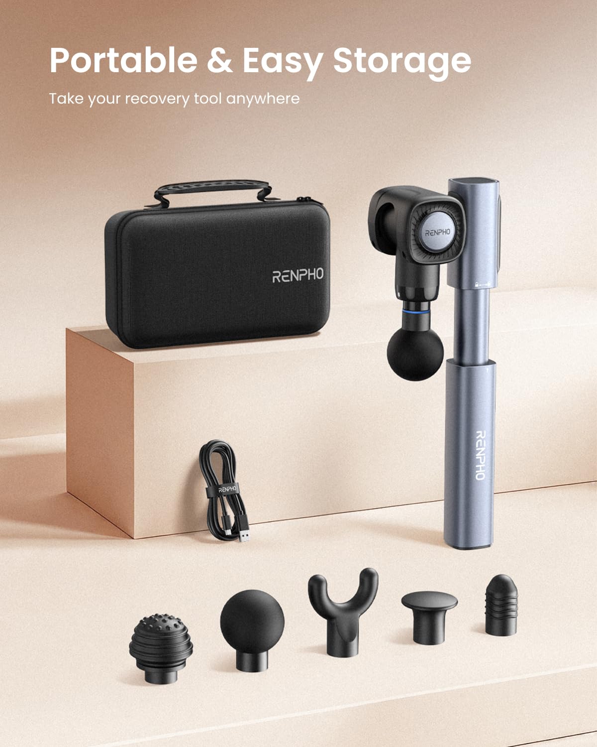 RENPHO massage gun with portable carry case for travel and storage.