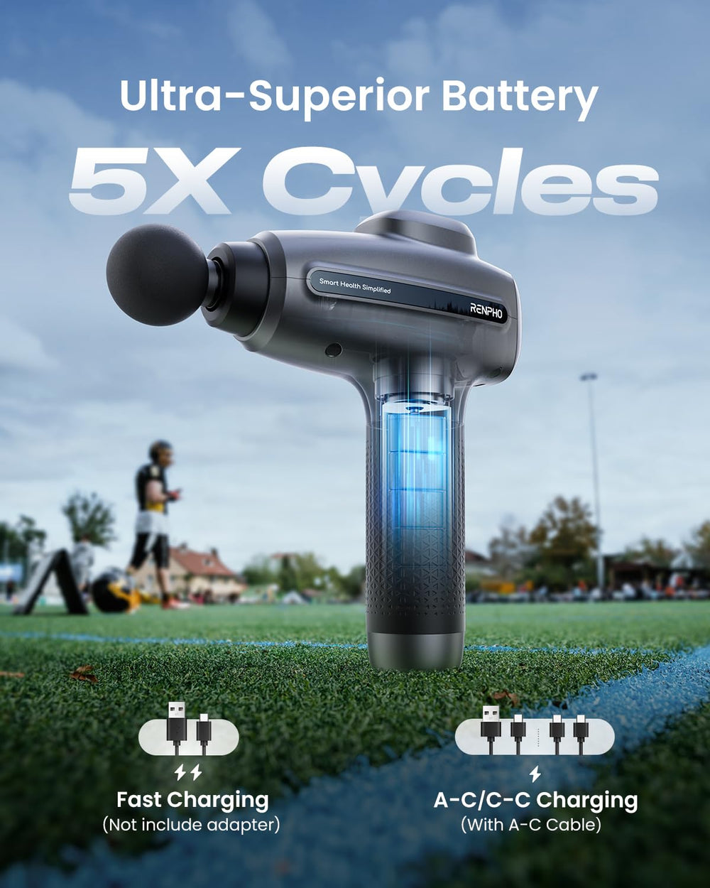 RENPHO massage gun with six heads for targeted muscle relief.