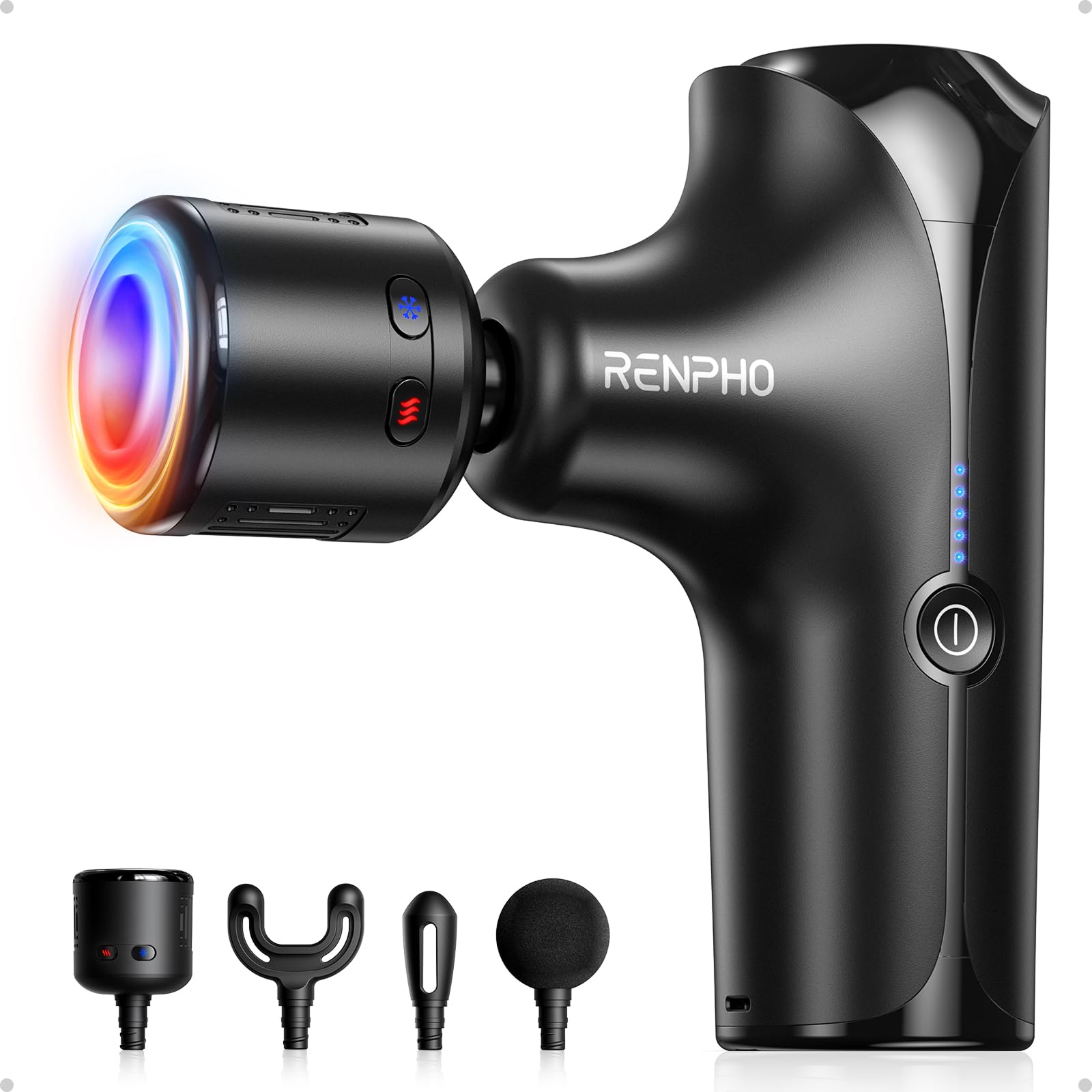 RENPHO Mini Thermacool massage gun applying heat to tense shoulders for soothing relief.