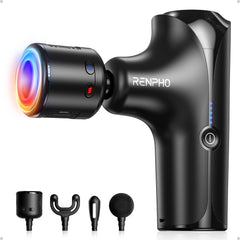 RENPHO Mini Thermacool massage gun applying heat to tense shoulders for soothing relief.