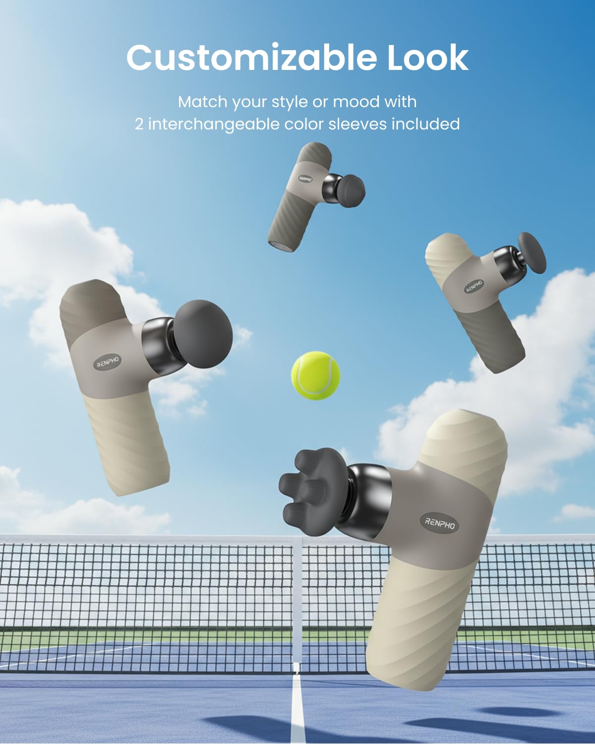 RENPHO Mini Thermal Massage Gun claw head with four nodes reaches deep muscle layers.