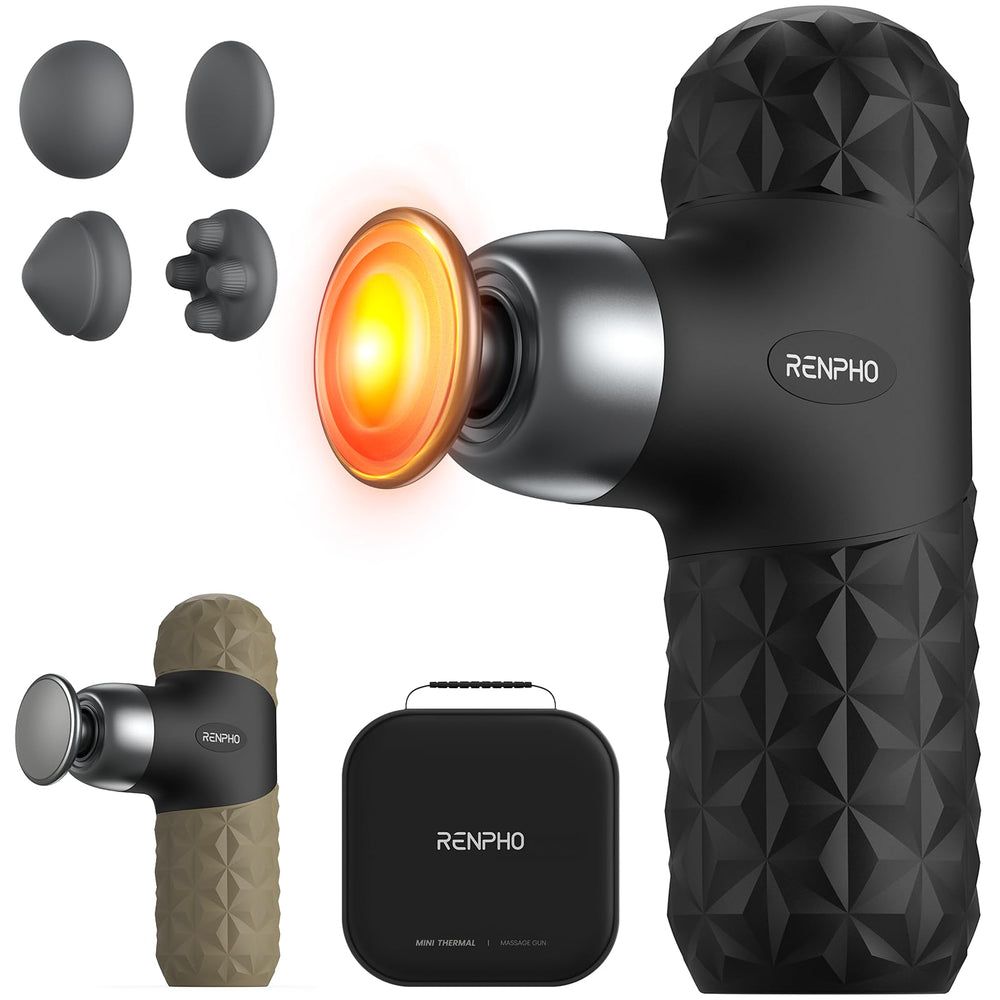 RENPHO mini thermal massage gun heating to 46C for quick warmth