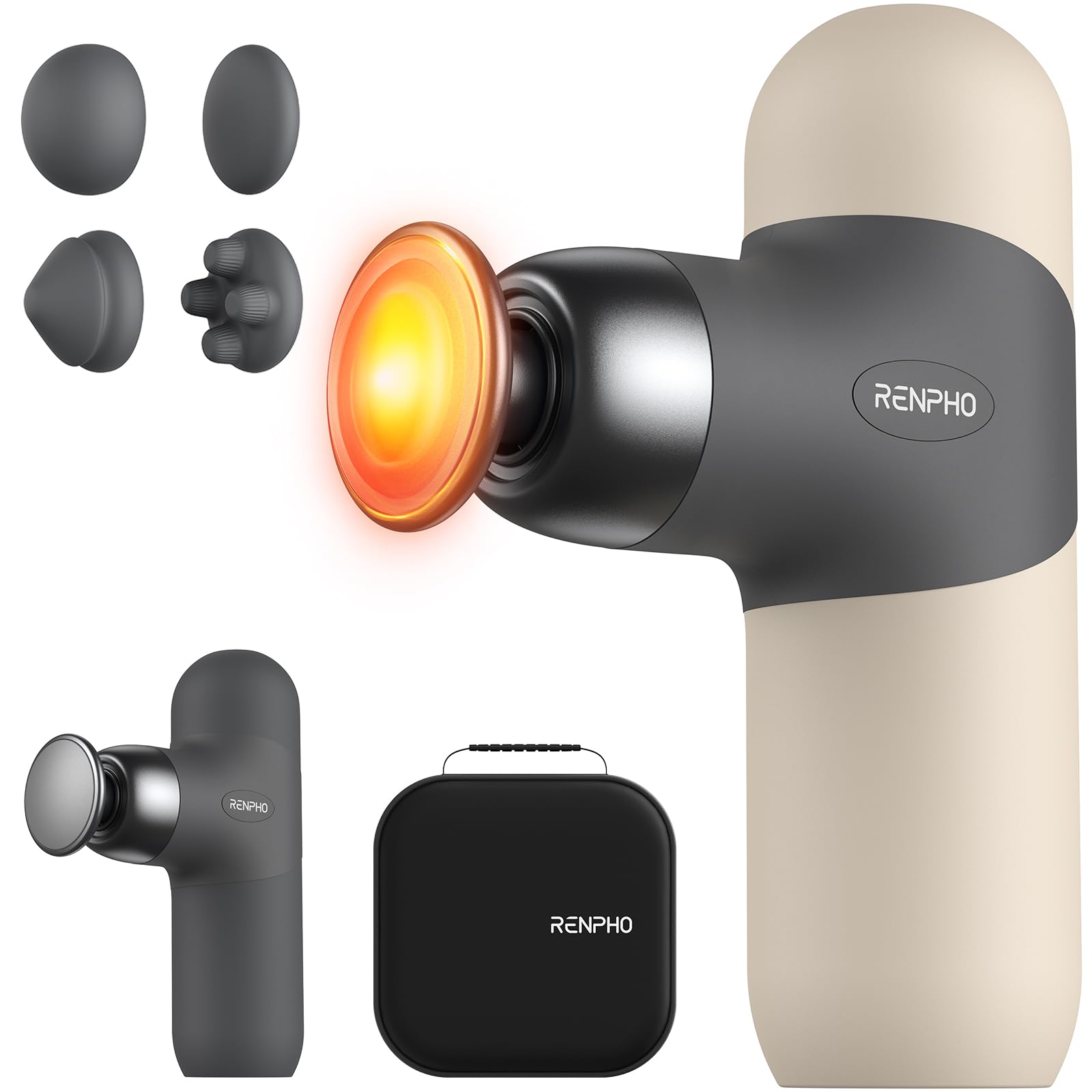 RENPHO mini heat head demonstrates soothing heated massage for tense muscles.