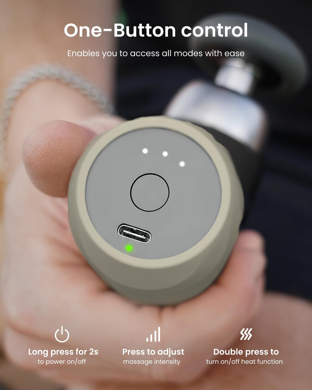 RENPHO Mini Thermal Massage Gun features a long-lasting battery for extended sessions.