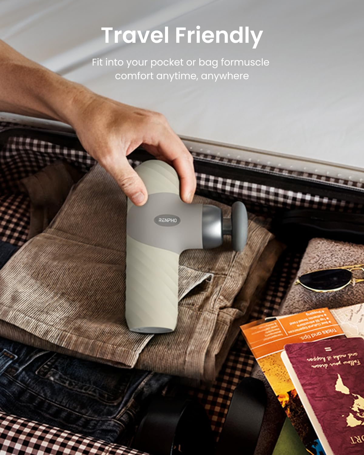 RENPHO Mini Thermal Massage Gun sold with a travel case for easy portability.