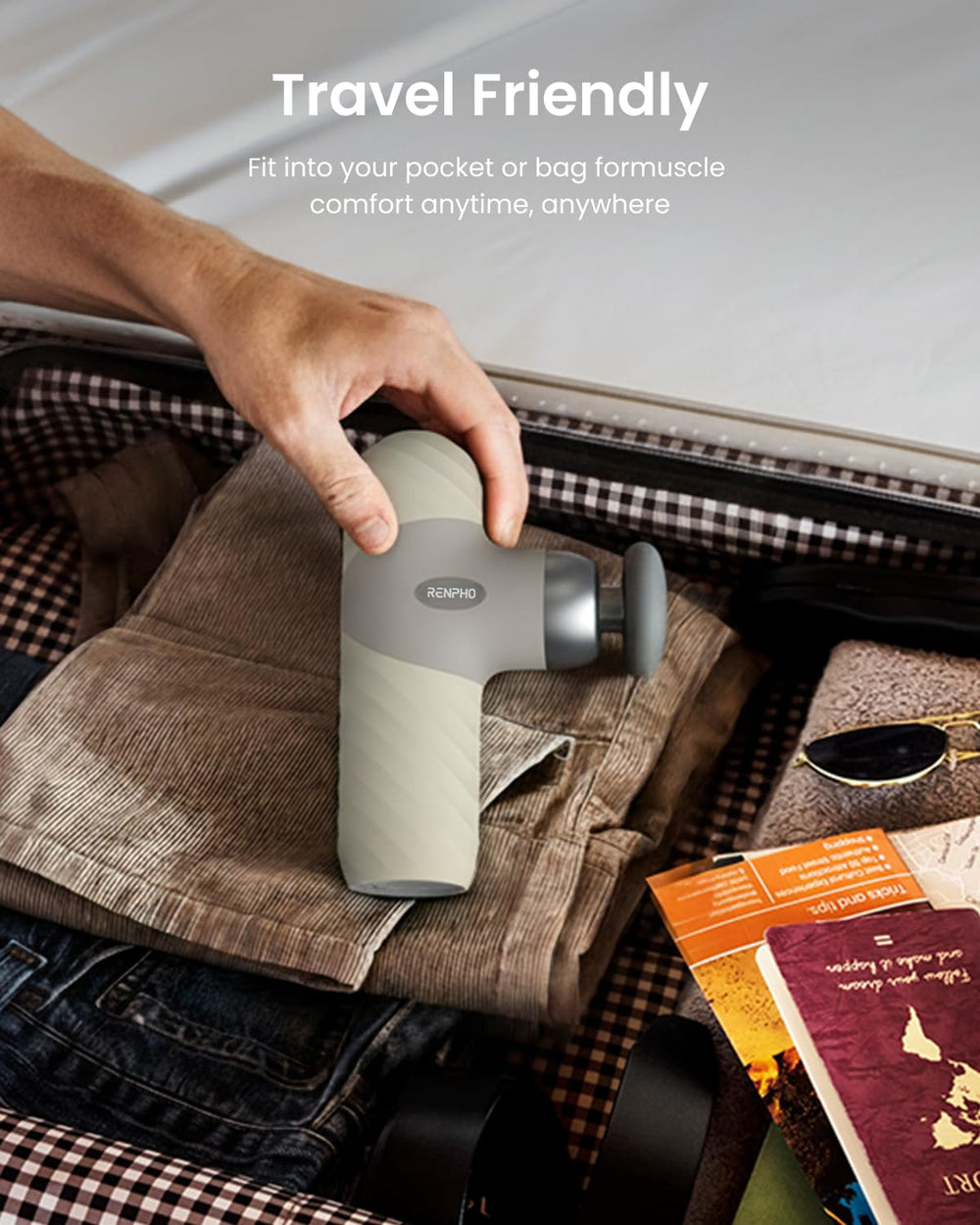 RENPHO Mini Thermal Massage Gun sold with a travel case for easy portability.
