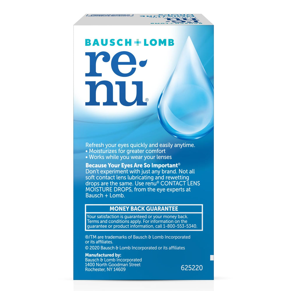 Renu drops beside contact lens case for comfortable wear