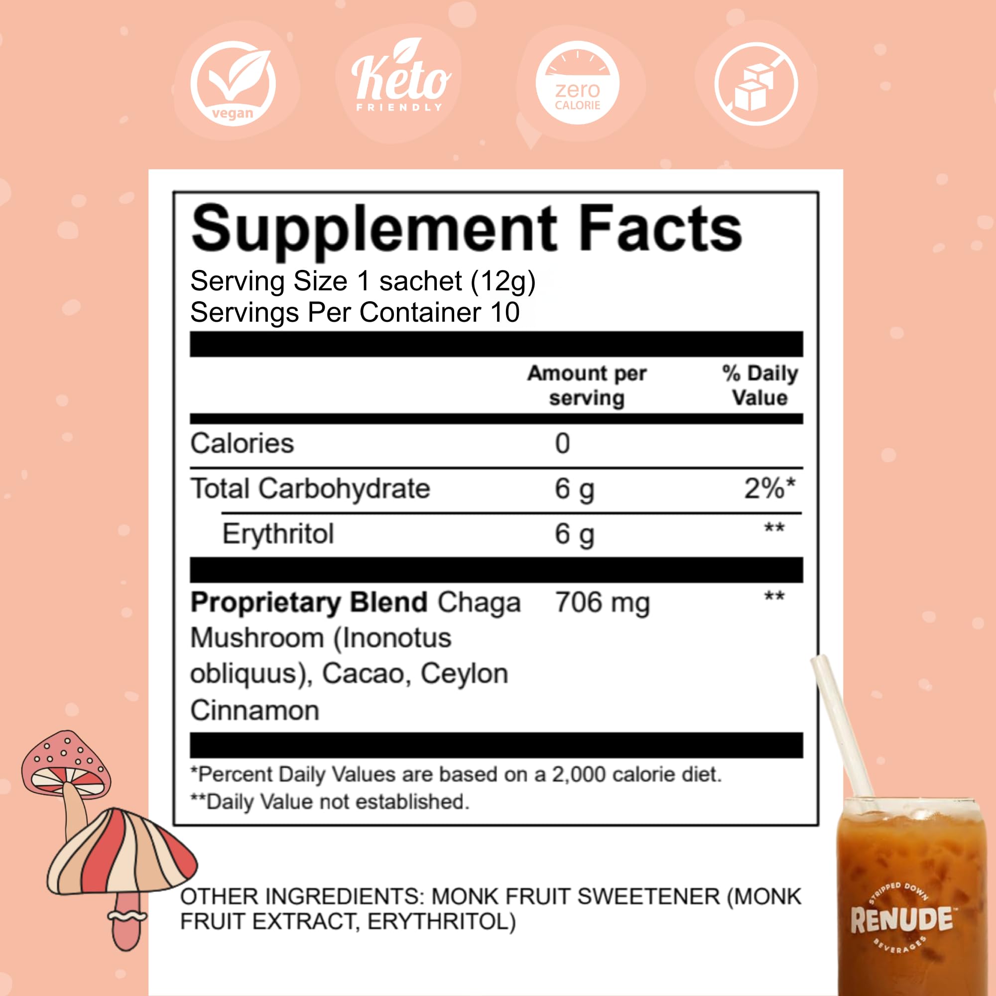 Renude Chagaccino ingredients label emphasizes clean sourcing.
