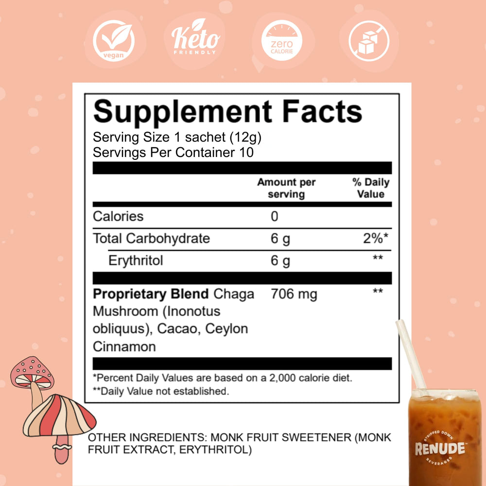 Renude Chagaccino ingredients label emphasizes clean sourcing.