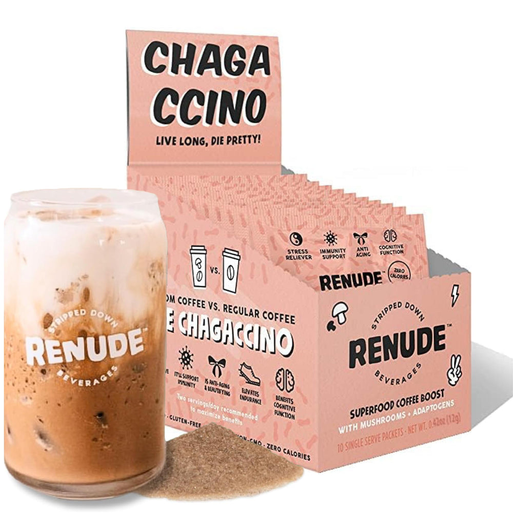Renude Chagaccino packaging highlights convenient, on-the-go energy.