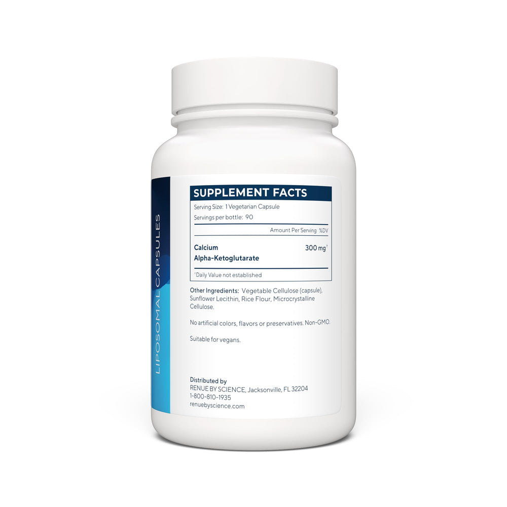 Renue By Science CA AKG label close-up highlighting 300 mg per serving and non-GMO.