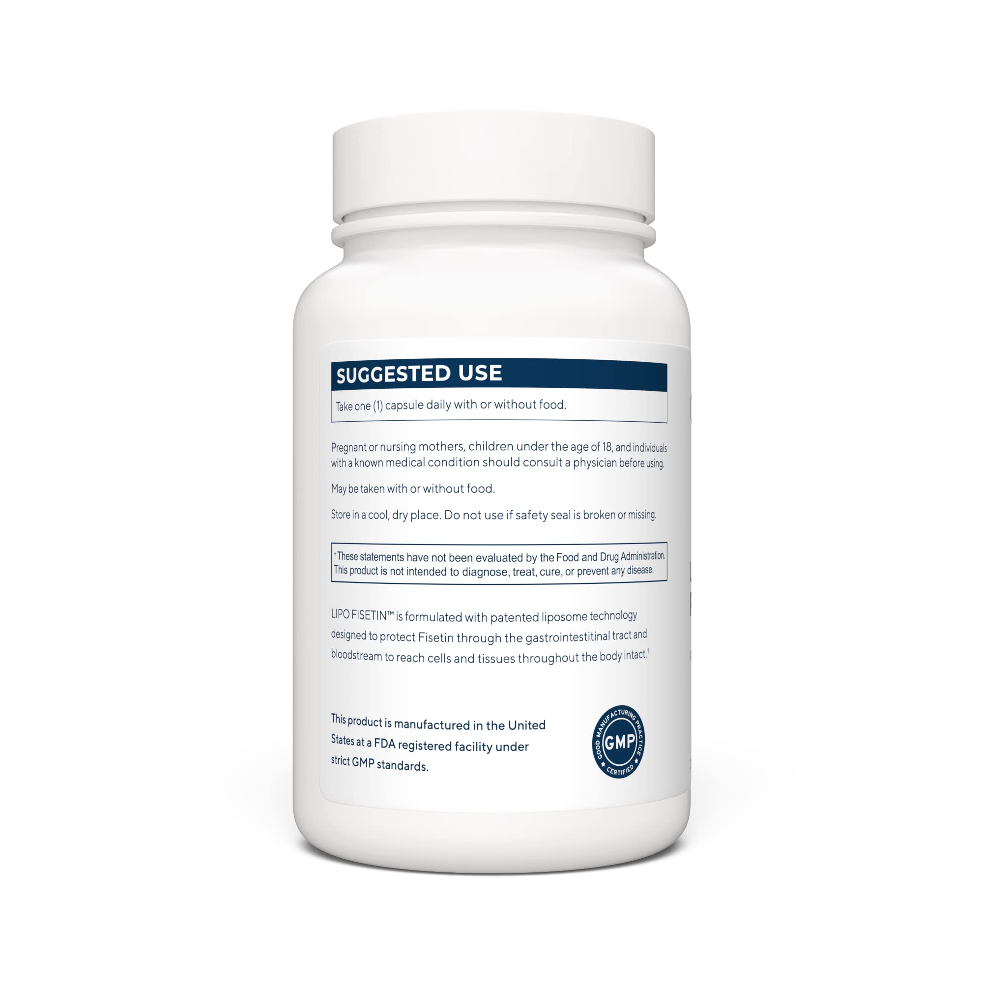 Renue By Science Fisetin bottle label highlighting 150 mg per capsule and allergen-free formula.