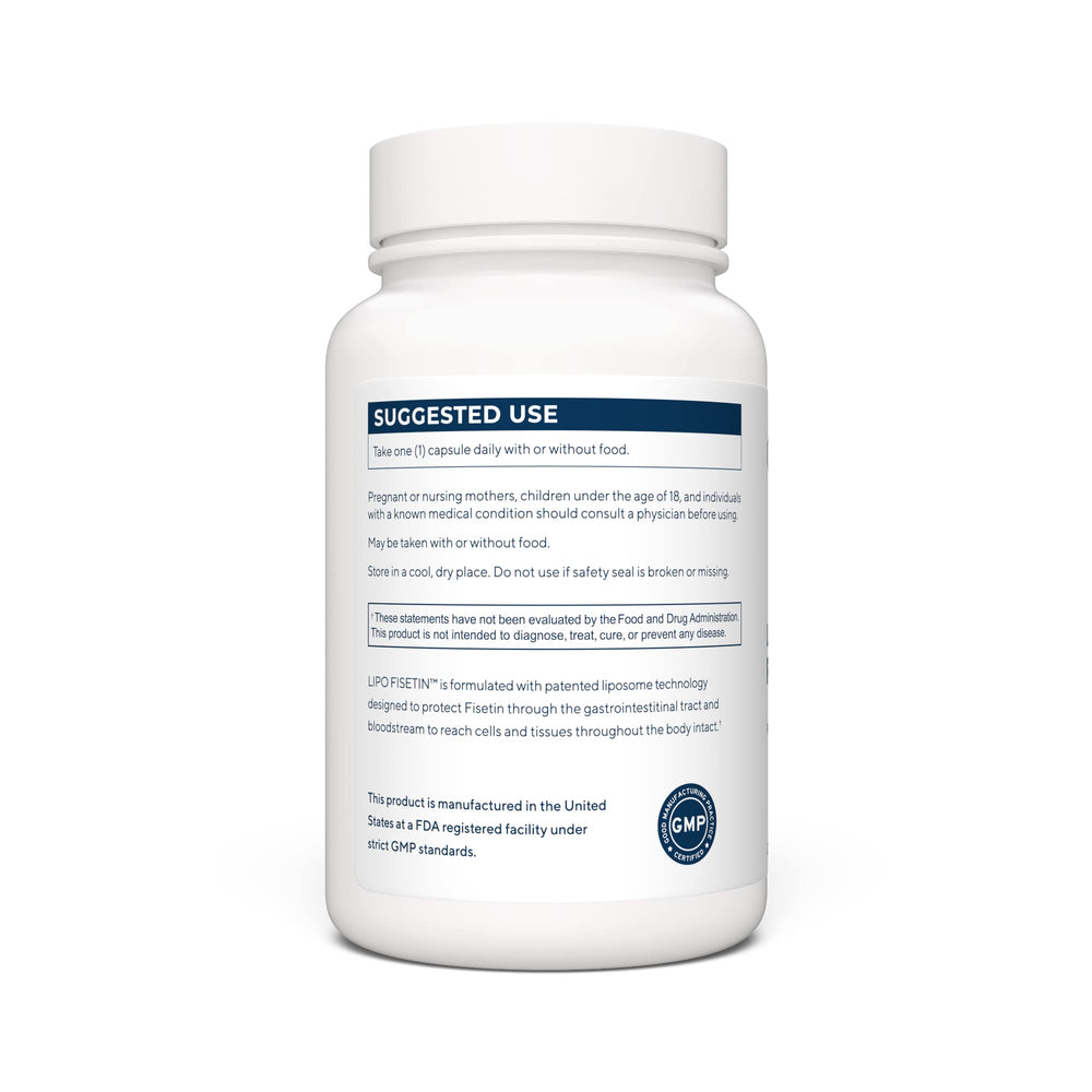 Renue By Science Fisetin bottle label highlighting 150 mg per capsule and allergen-free formula.