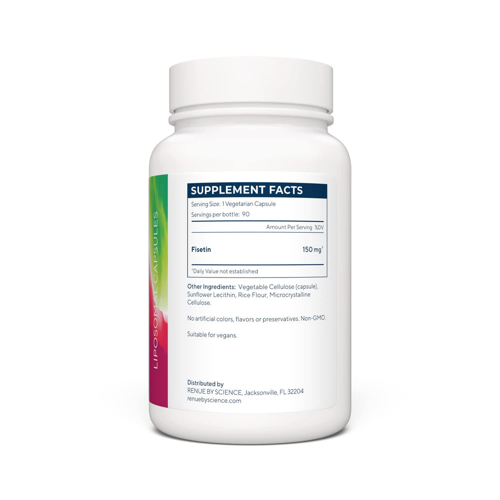 Renue By Science Fisetin capsules close-up illustrating liposomal capsules for enhanced absorption.