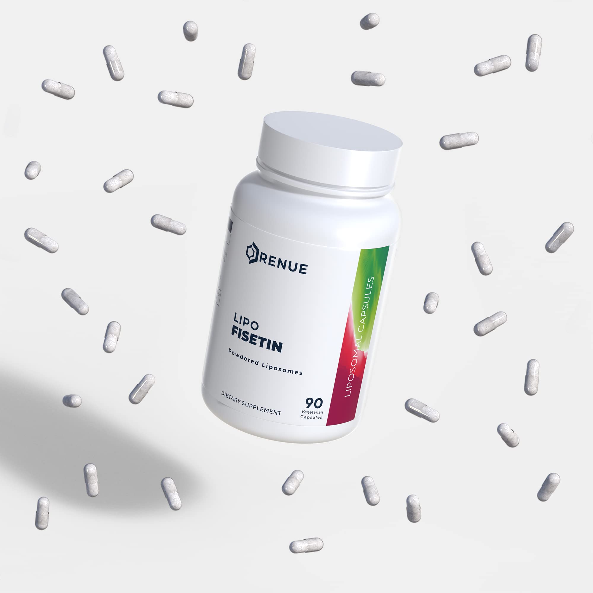 Renue By Science Fisetin packaging on display emphasizes a three-month supply.