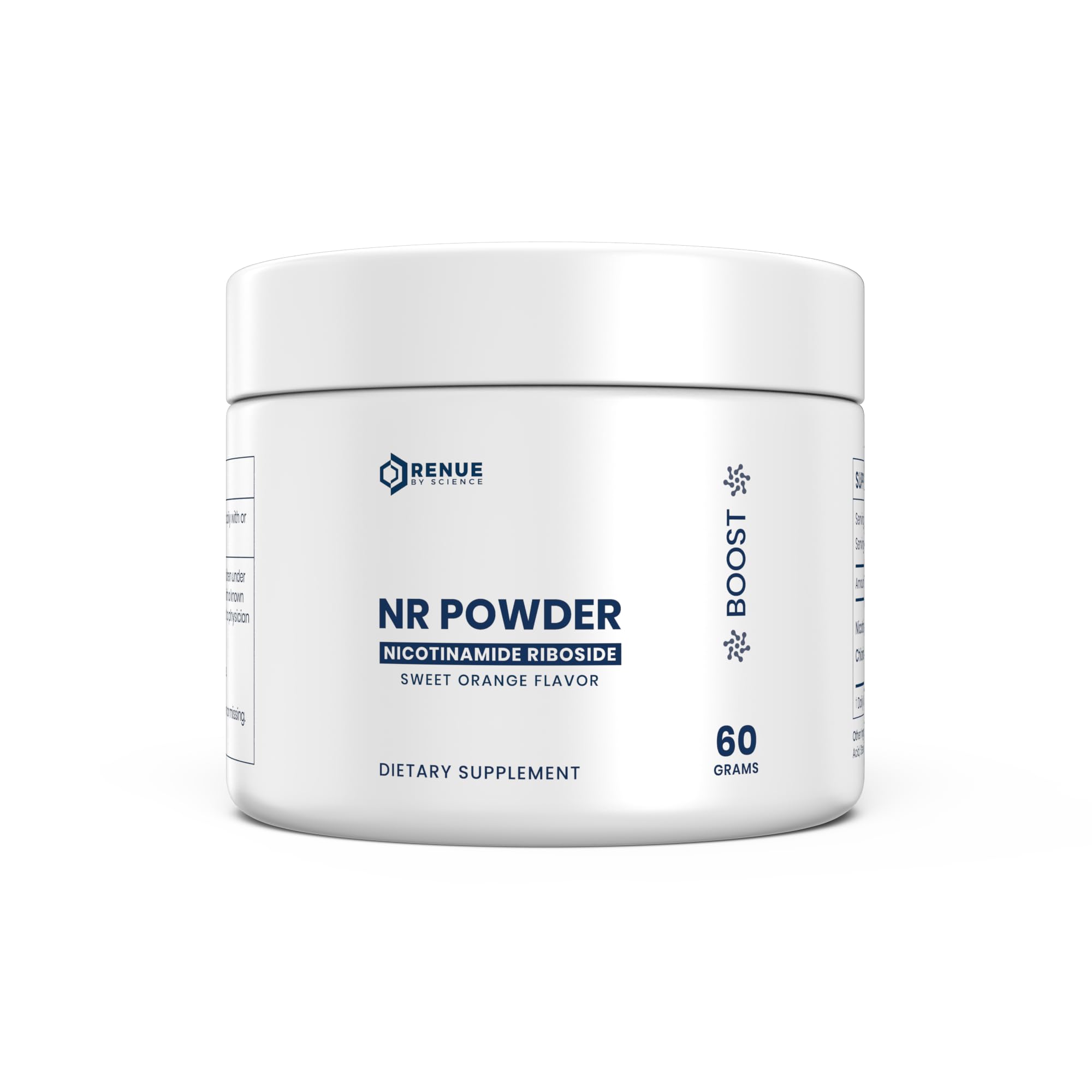 Renue By Science NR powder bottle for daily supplementation and convenience.