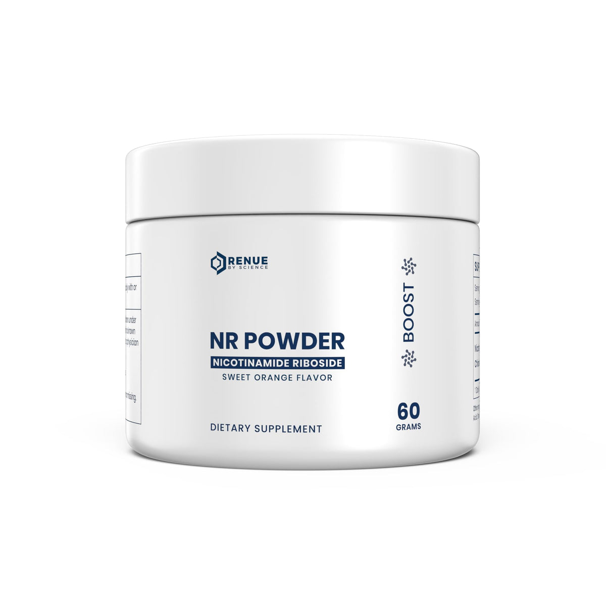 Renue By Science NR powder bottle for daily supplementation and convenience.