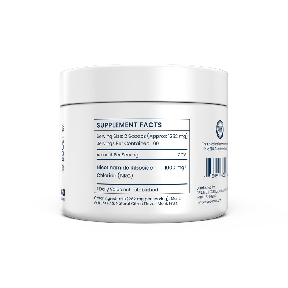 Renue By Science Nicotinamide Riboside powder dissolving in a glass for flavor mix.