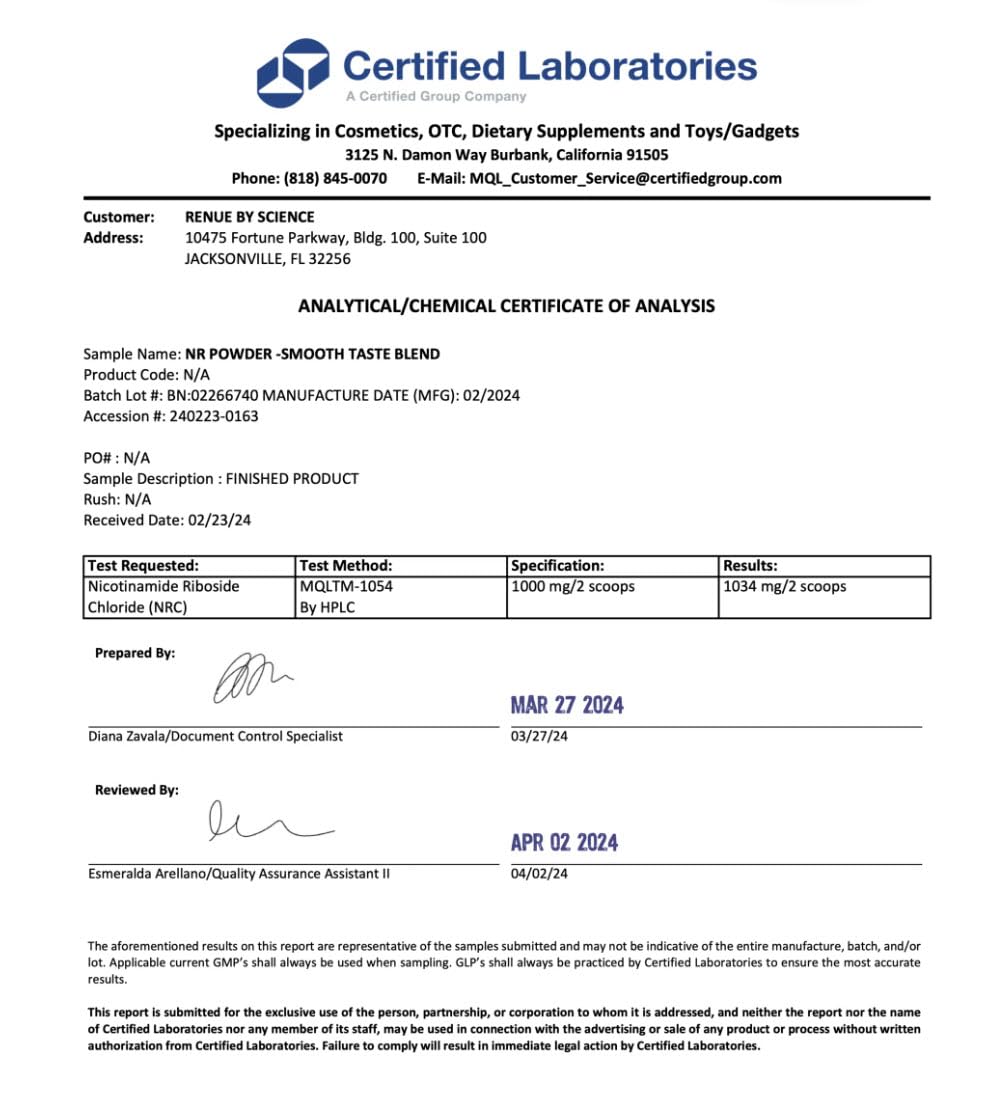 Renue By Science Nicotinamide Riboside powder label shows GMP and third-party testing.