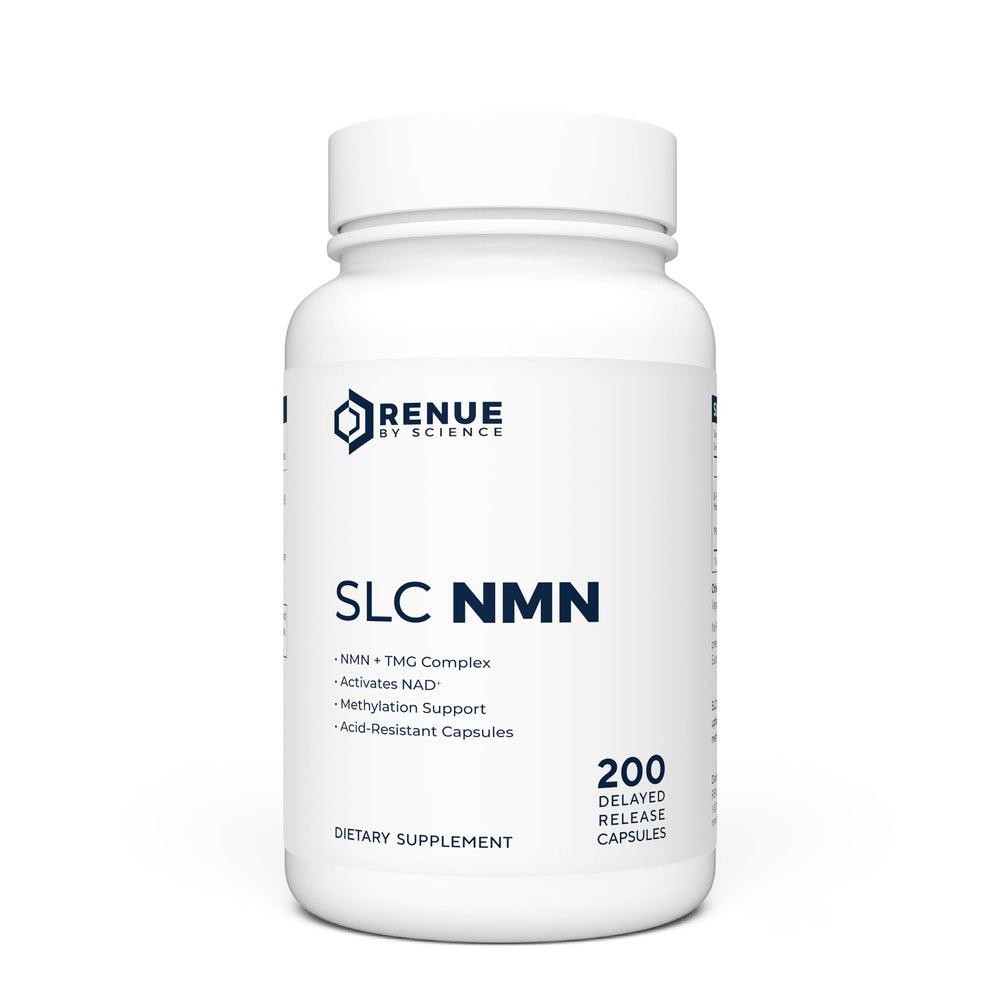Renue By Science NMN bottle front view showing 200 SLC enteric capsules for targeted delivery.
