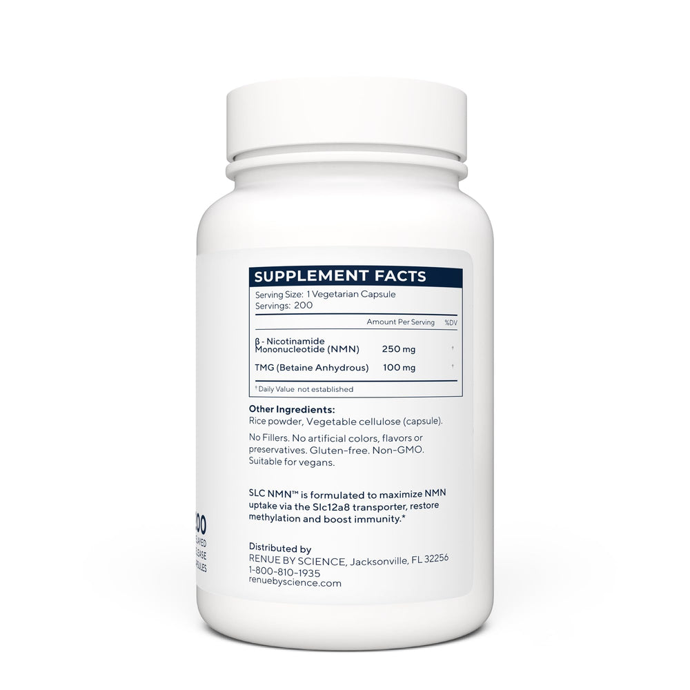 Renue NMN enteric-coated capsules illustrating stomach protection and intestinal uptake.