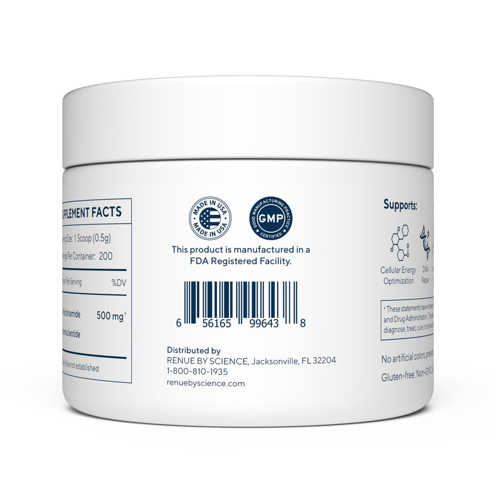 Portable NMN powder with scoop for on-the-go use.