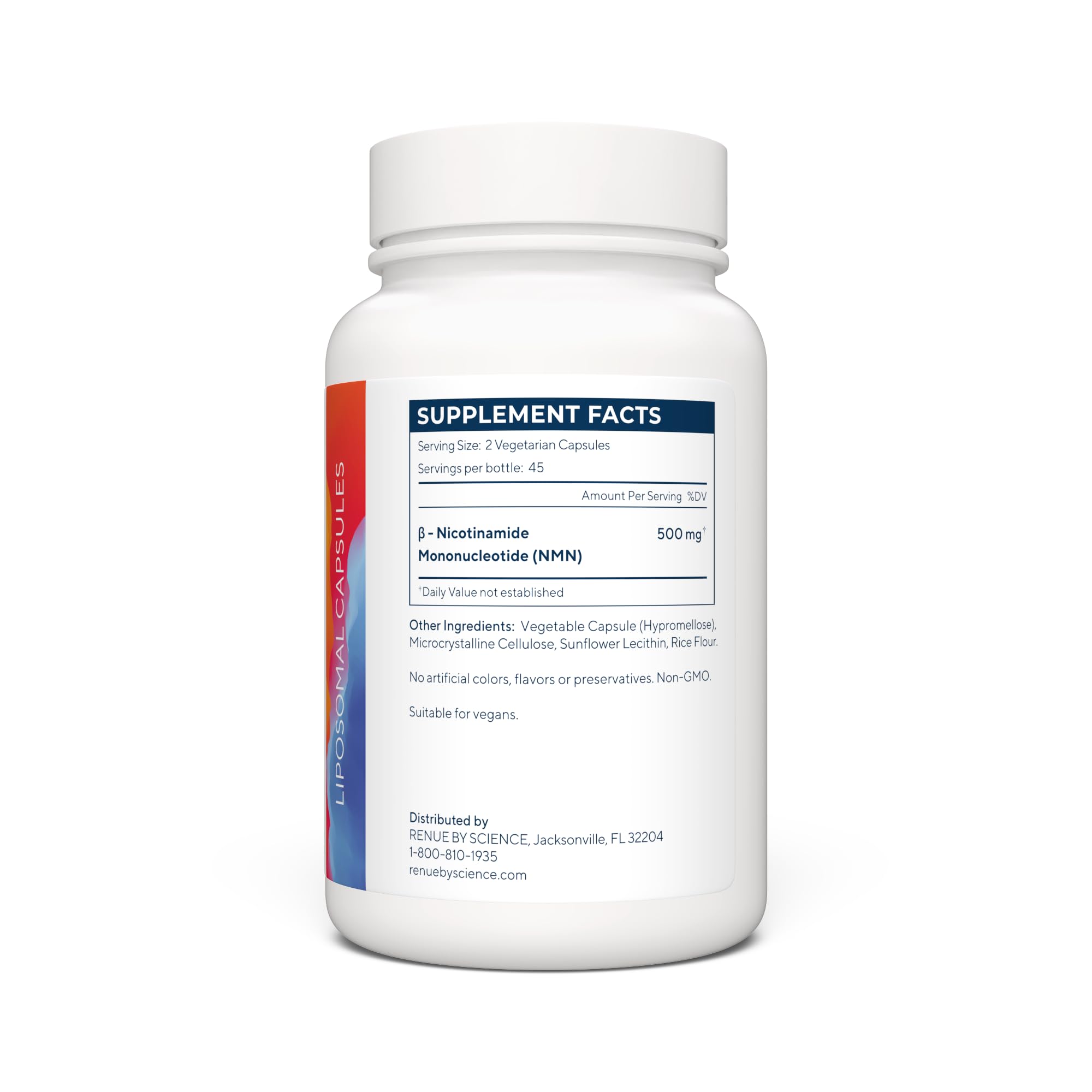Renue By Science NMN supplement label with clean ingredients and GMP branding.