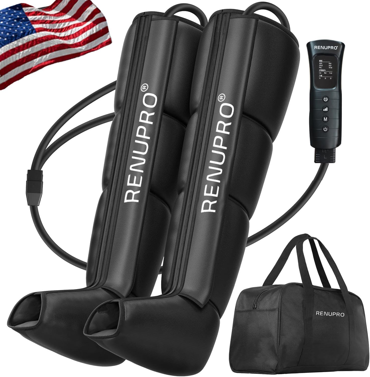 RENUPRO leg massager system front view highlighting compact home-use design