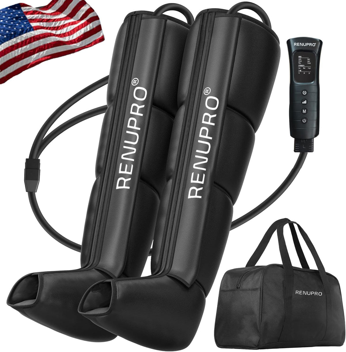 RENUPRO leg massager system front view highlighting compact home-use design