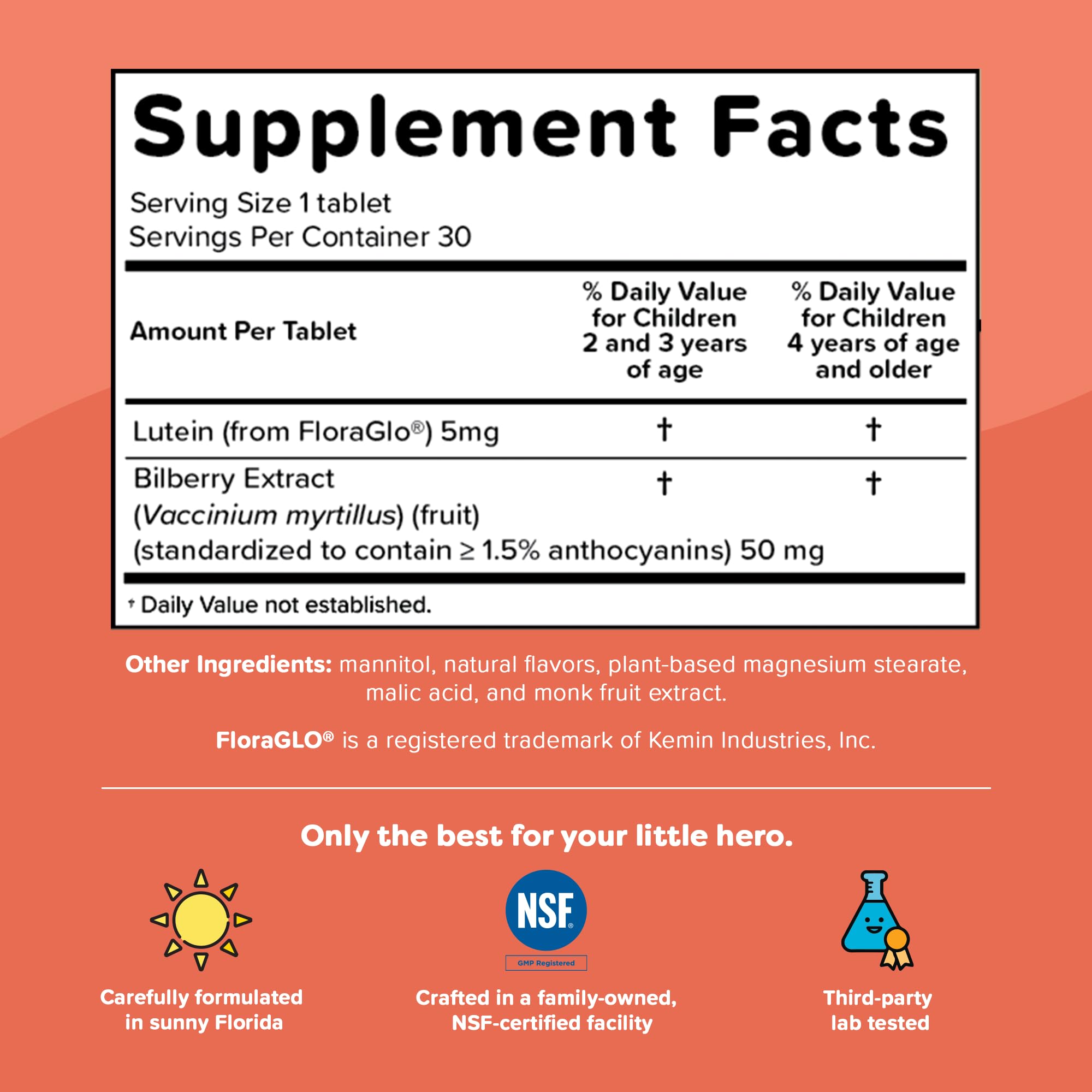 Renzo's Eye Spy Lutein shows vegan, non-GMO, allergen-free icons and labeling.