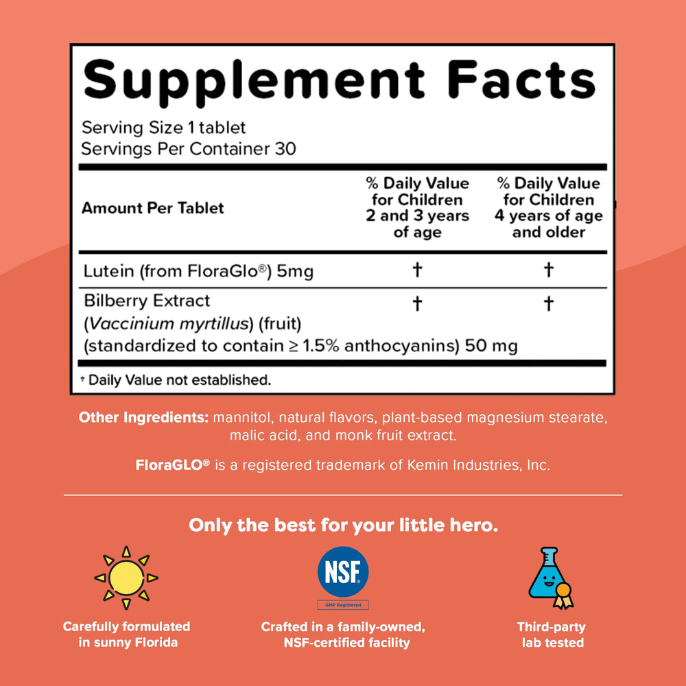 Renzo's Eye Spy Lutein shows vegan, non-GMO, allergen-free icons and labeling.