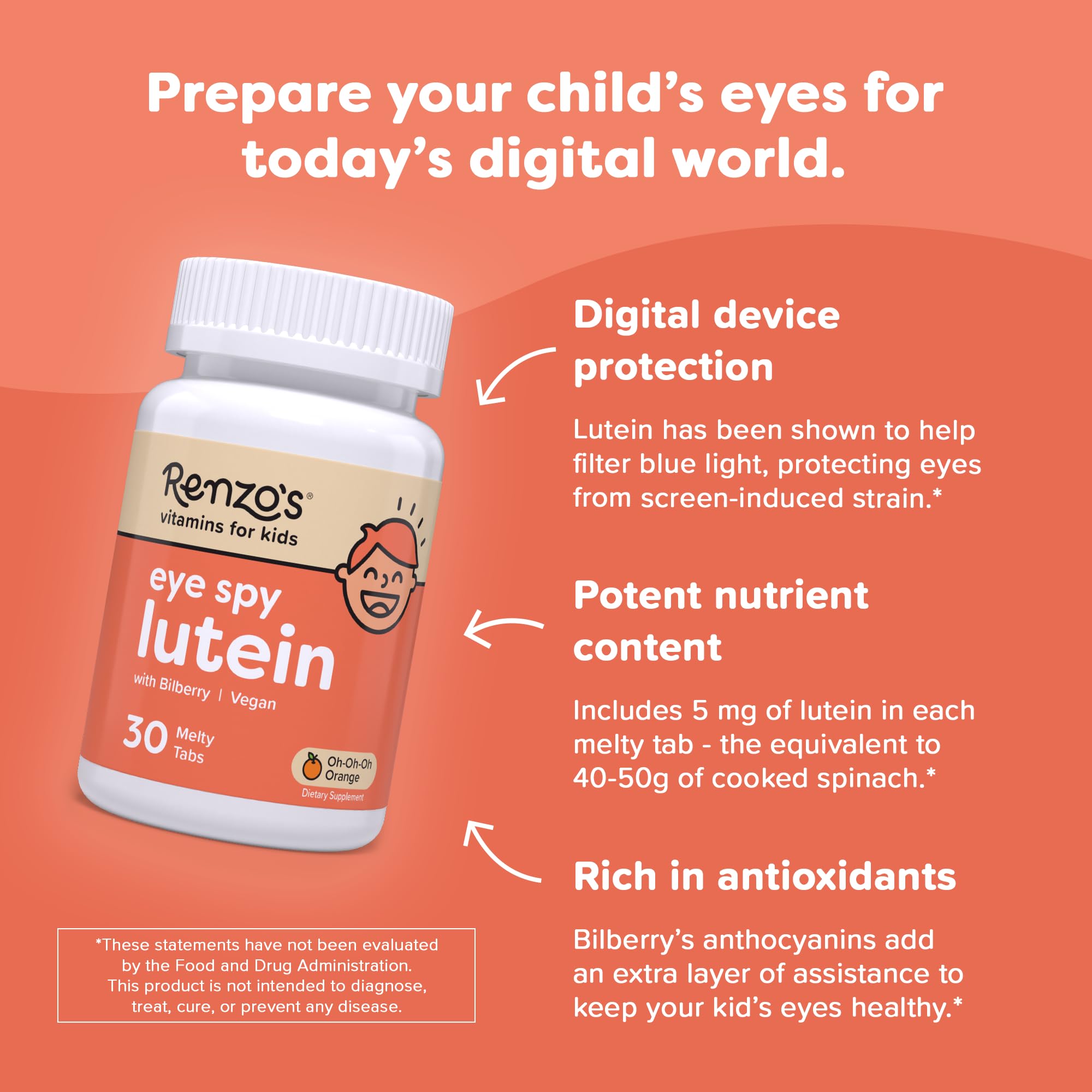 Renzo's Eye Spy Lutein tab dissolves in water or juice for quick use.