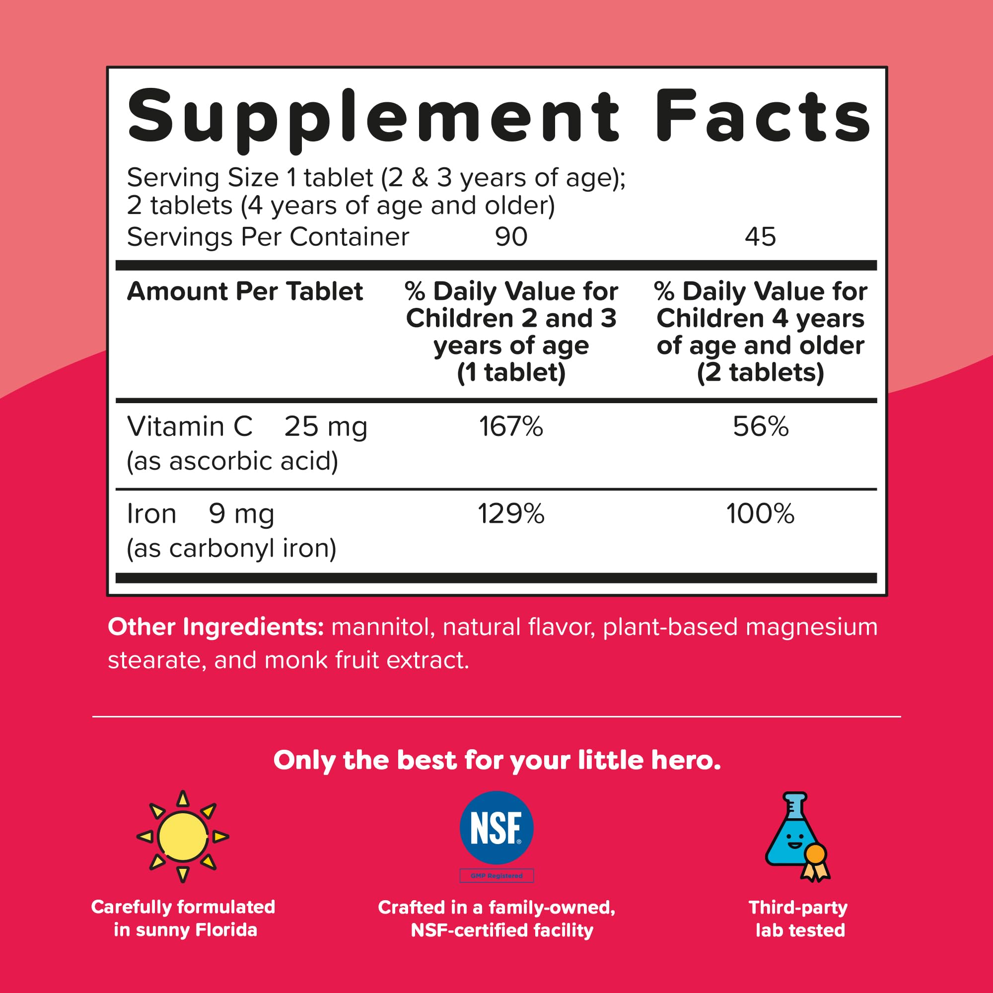 Renzo's Kids Iron Melts ingredient label with third-party testing.