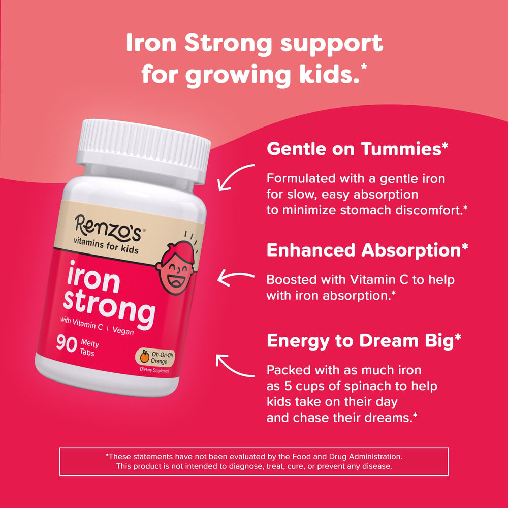 Renzo's Kids Iron Melts orange-flavor packaging highlights vegan, sugar-free formula.