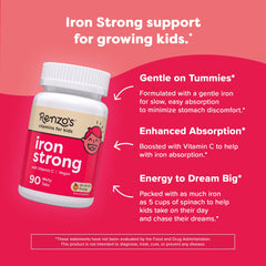 Renzo's Kids Iron Melts orange-flavor packaging highlights vegan, sugar-free formula.