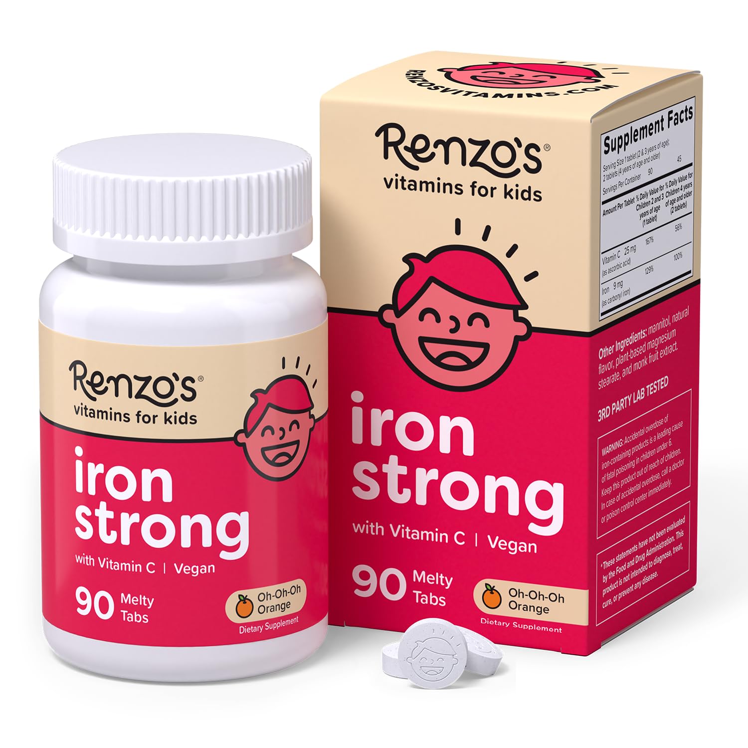 Renzo's Kids Iron Melts orange tablet ready to dissolve for easy iron support.