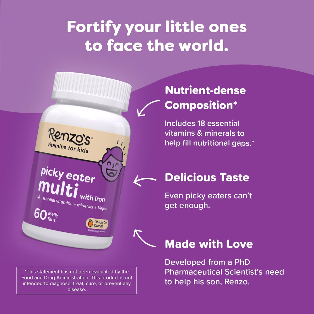 Renzo's Picky Eater orange-flavor vitamins for kids; a tasty, sugar-free supplement option.
