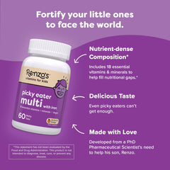 Renzo's Picky Eater orange-flavor vitamins for kids; a tasty, sugar-free supplement option.
