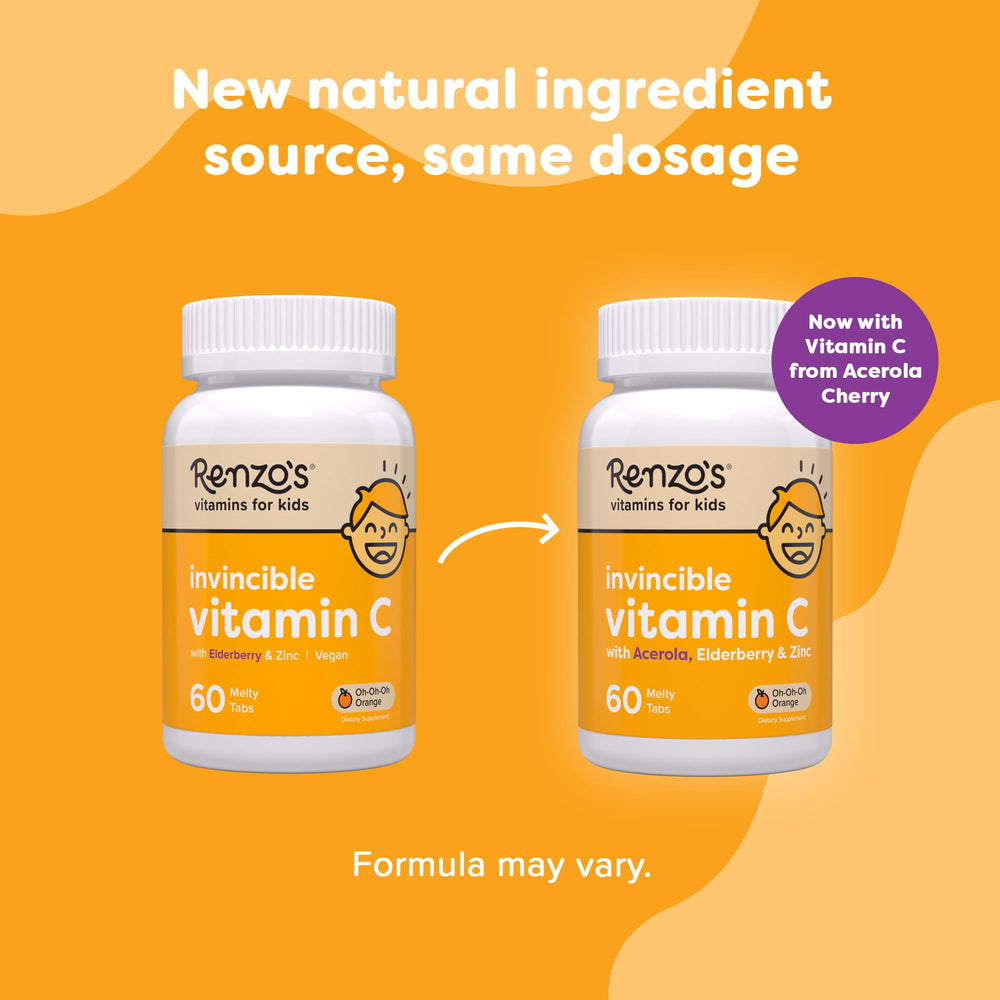 Renzo's Invincible vegan non-GMO gluten-free kid vitamins on a clean label.