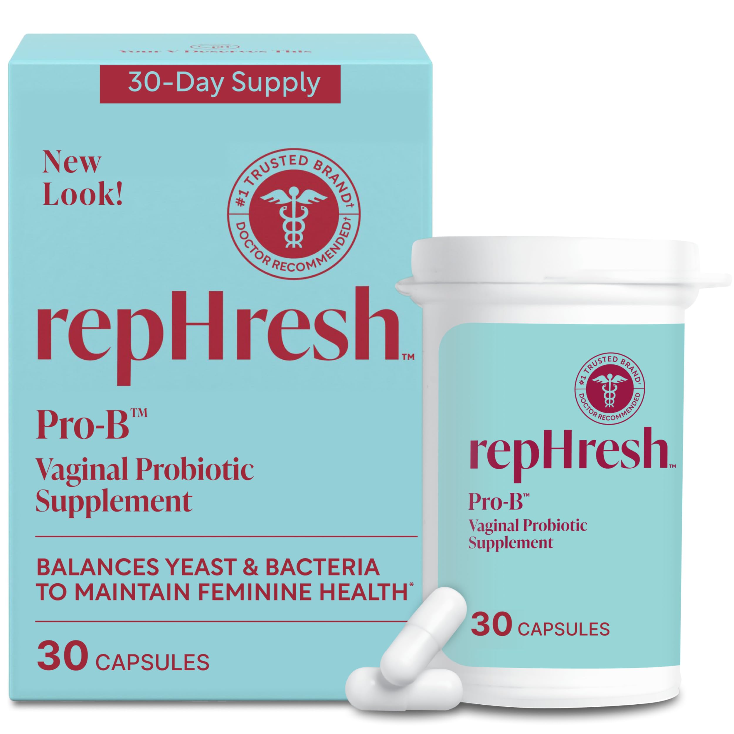 RepHresh Pro-B bottle on a clean surface, highlighting daily probiotic support for feminine health.