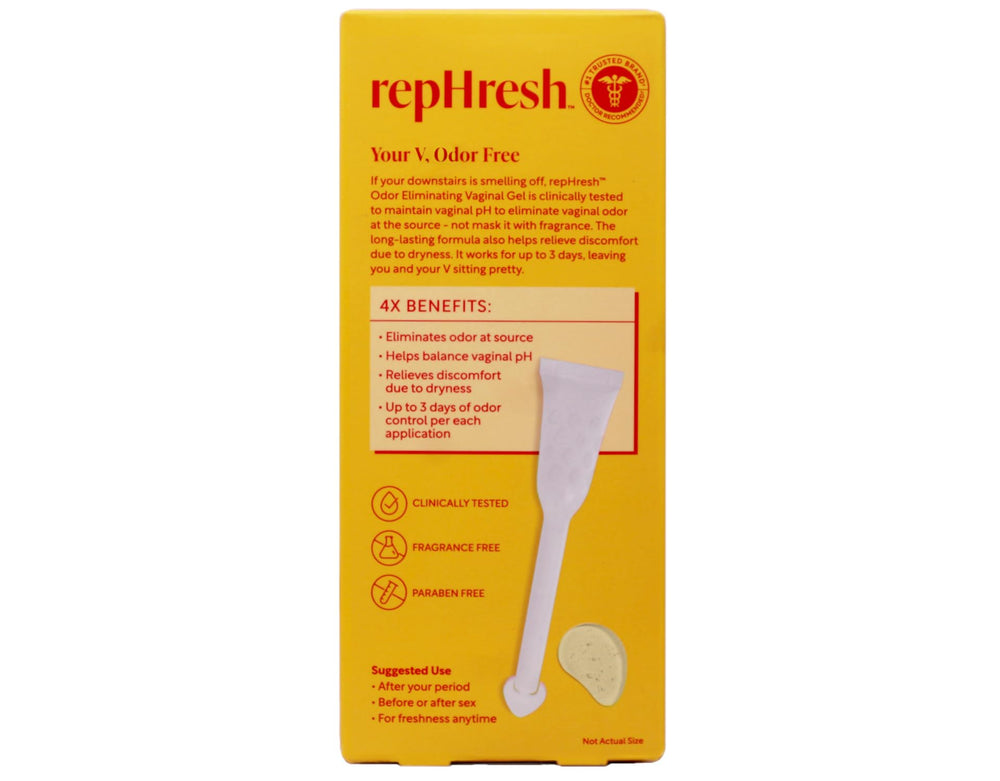 Rephresh Vaginal Gel bottle label showcases product details.