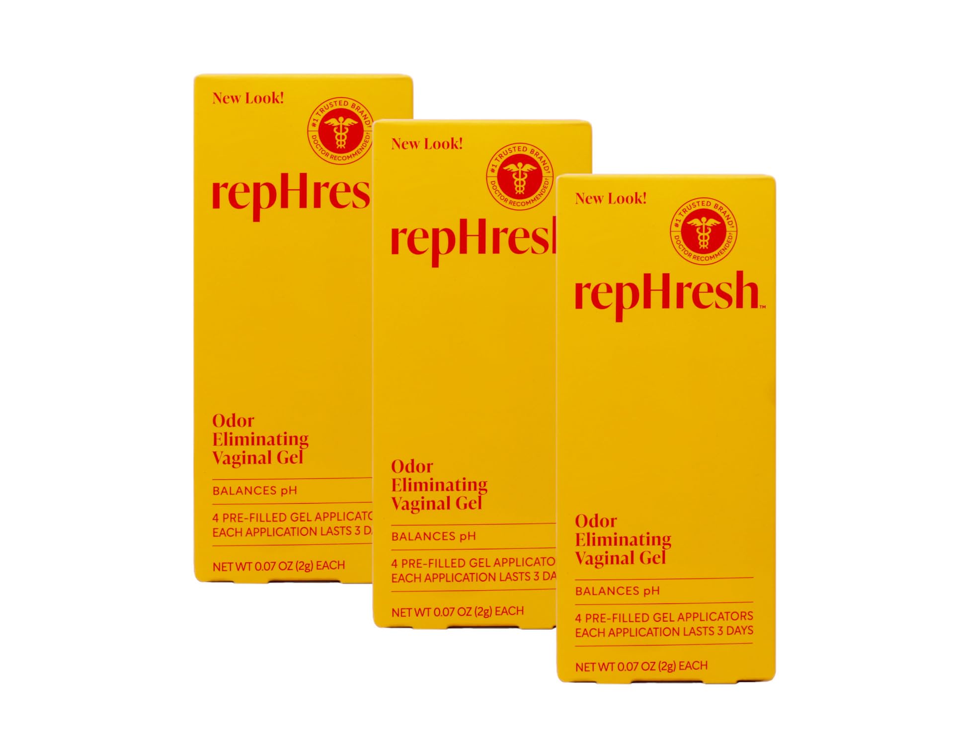 Rephresh Vaginal Gel pack of three four-count bottles supports convenient pH maintenance at home